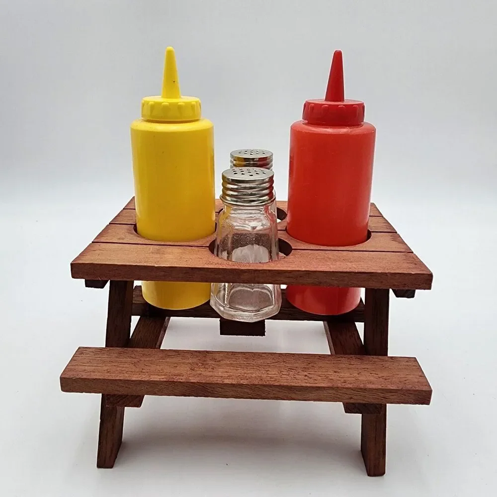 Redwood Picnic Table Condiment Set Salt Pepper Ketchup Mustard‎ Vintage READ